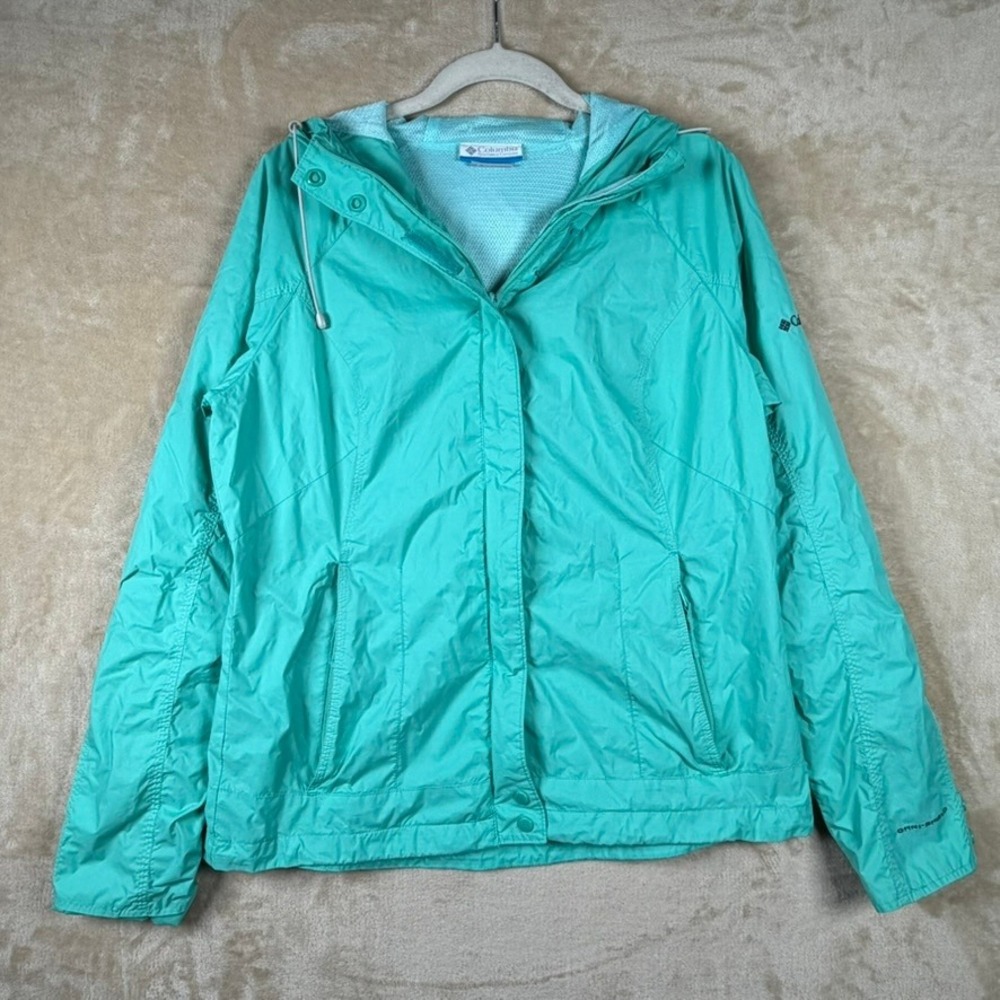 Columbia Omni-Shield Women Med Hooded Windbreaker Jacket Teal Green Rain Jacket